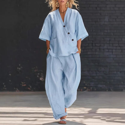 V-Neck Short Sleeve Top & High-Waist Trousers Two-Piece Set FitiqueFit