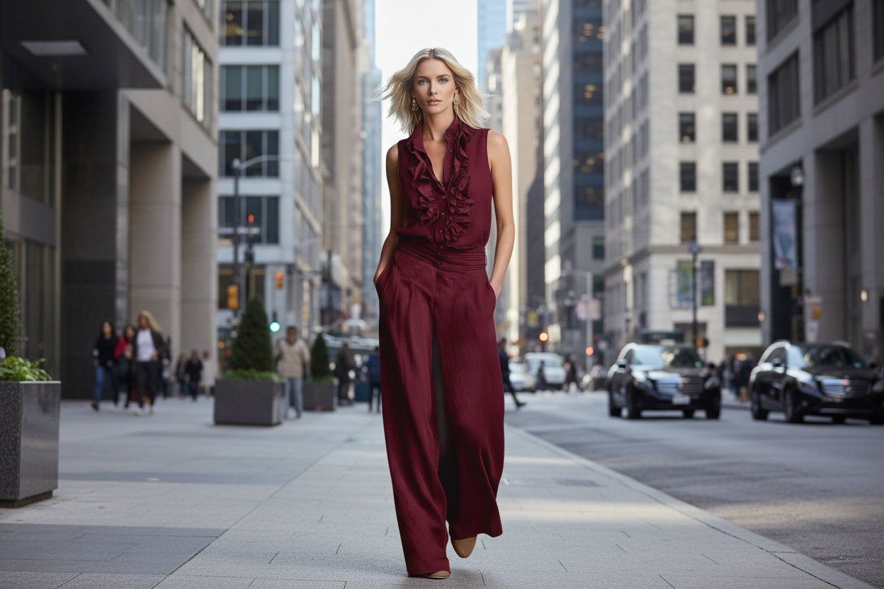 Women’s Linen Blend Two-Piece Set – Sleeveless Shirt & Wide-Leg Pants FitiqueFit