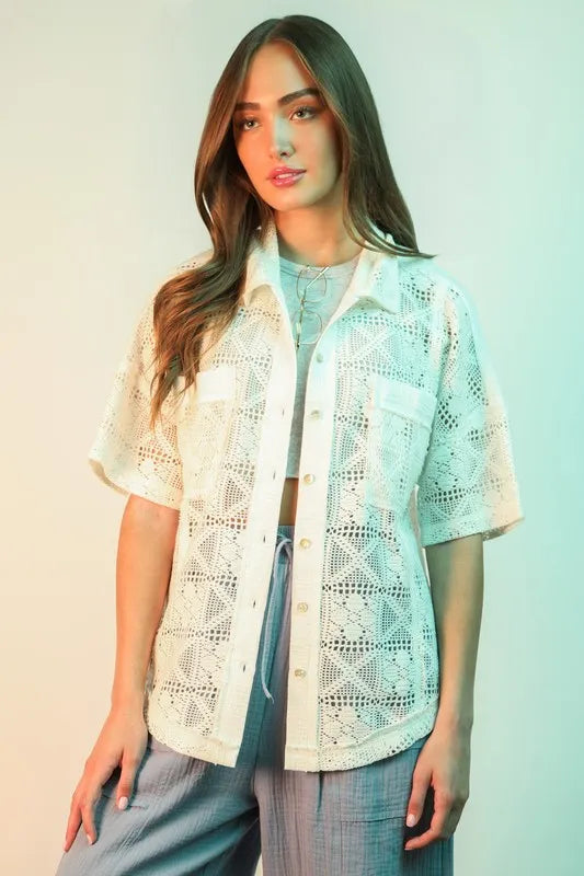 VERY J Plus Size Oversized Crochet Button Down Shirt Top See size chart under “more details” The Fashion Celestial