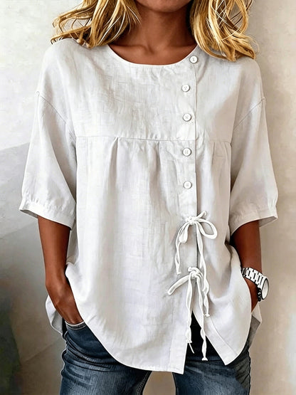 Women's Linen Lace-Up Button Shirt – 3/4 Sleeve Asymmetric FitiqueFit