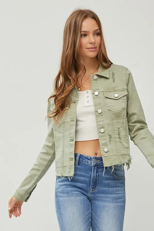 RISEN Full Size Raw Hem Button Up Cropped Denim Jacket Plus Size West2East Surf