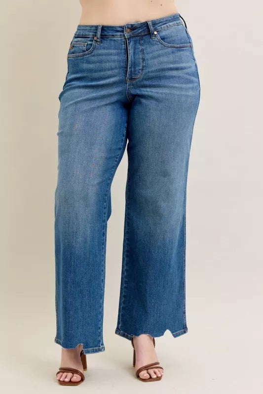 Judy Blue Full Size High Waist Tummy Control Chew Hem Destroy Wide Jeans Plus Size Garden Naked Curves