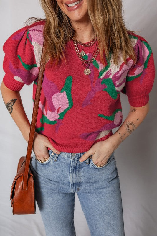 Floral Abstract Short Puff Sleeve Sweater Shop Style & More | Fresh Looks, Everyday Deals & Free Shipping