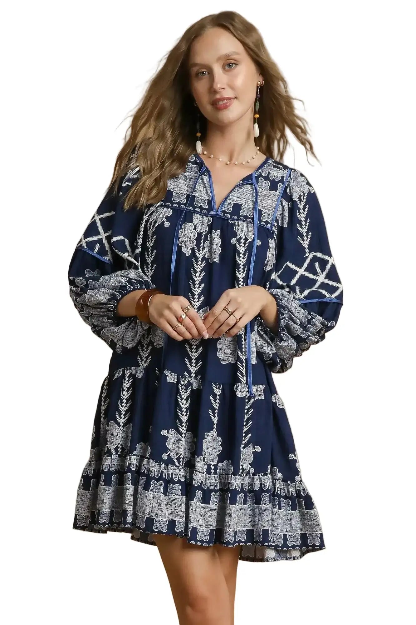 Umgee Tribal Print Dress with Tie Neck West2East Surf