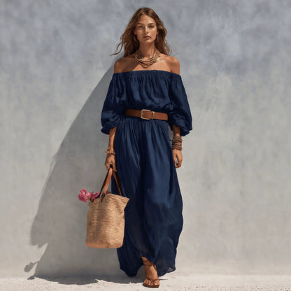 Women's Boat-Neck Sleeveless Cotton-Linen Maxi Dress FitiqueFit