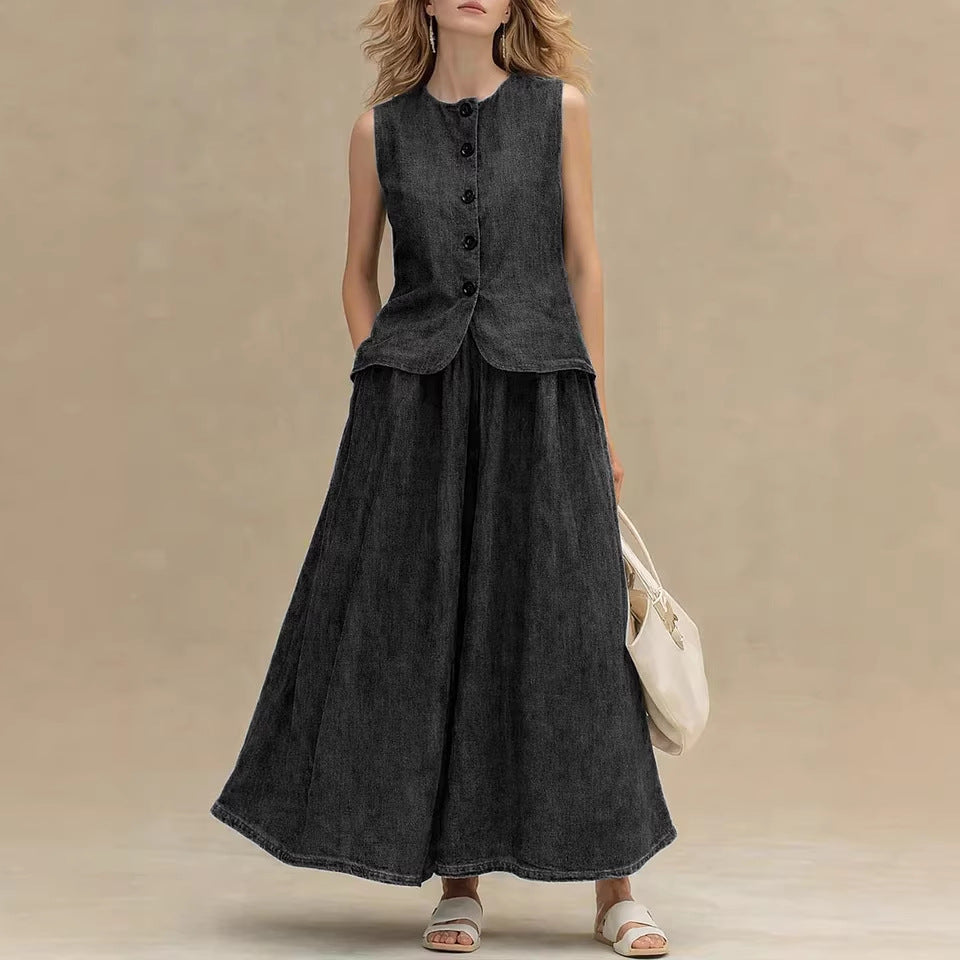 Women's Crew Neck Denim Vest Top & High-Waist A-Line Skirt Set – 3 Colors S–XXL FitiqueFit