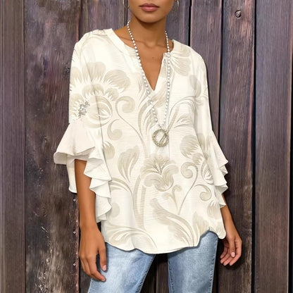 Women's 3D Print Ruffle Sleeve Loose Top – Elegant Urban Style S–2XL FitiqueFit