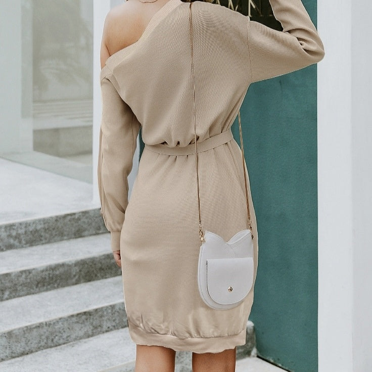 Ladies' Casual Solid Color Sloping Shoulder Collar Fashionable Dress FitiqueFit