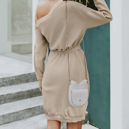 Ladies' Casual Solid Color Sloping Shoulder Collar Fashionable Dress FitiqueFit