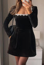 Elegant Square Neck Long-Sleeved Dress With Flowers Rhinestone Design FitiqueFit