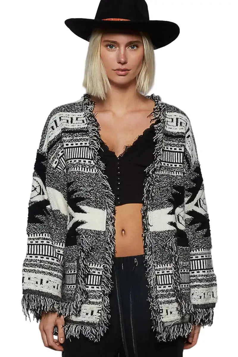 POL Open Front Geometric Print Cardigan with Fringe Detail West2East Surf