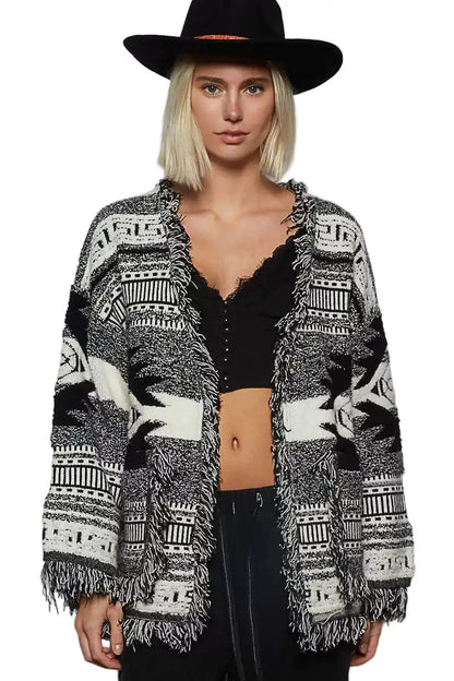 POL Open Front Geometric Print Cardigan with Fringe Detail West2East Surf