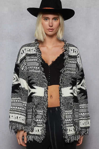 POL Open Front Geometric Print Cardigan with Fringe Detail FitiqueFit