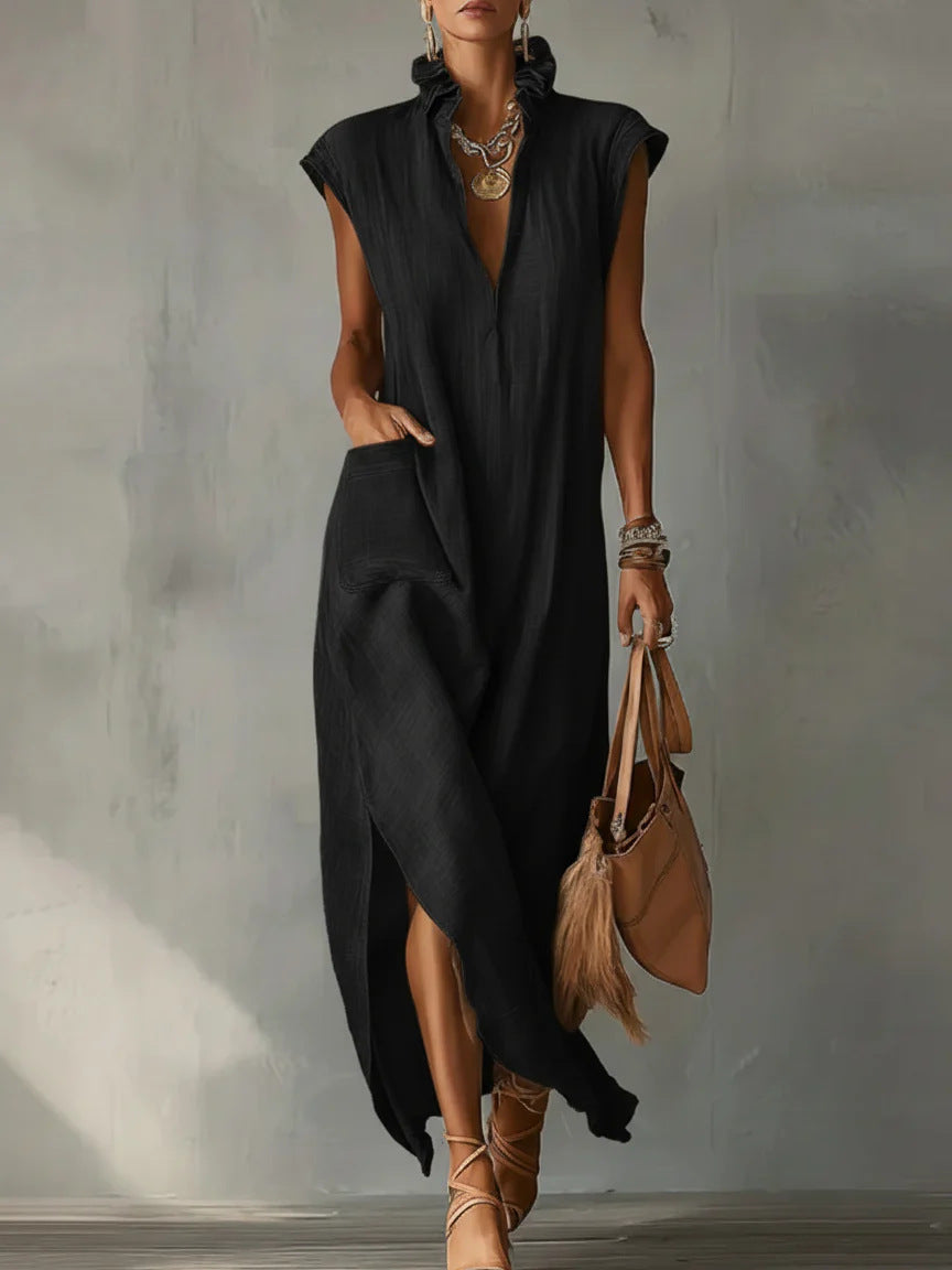 Women’s Cotton-Linen Sleeveless Solid-Color Shirt Dress FitiqueFit