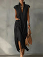 Women’s Cotton-Linen Sleeveless Solid-Color Shirt Dress FitiqueFit