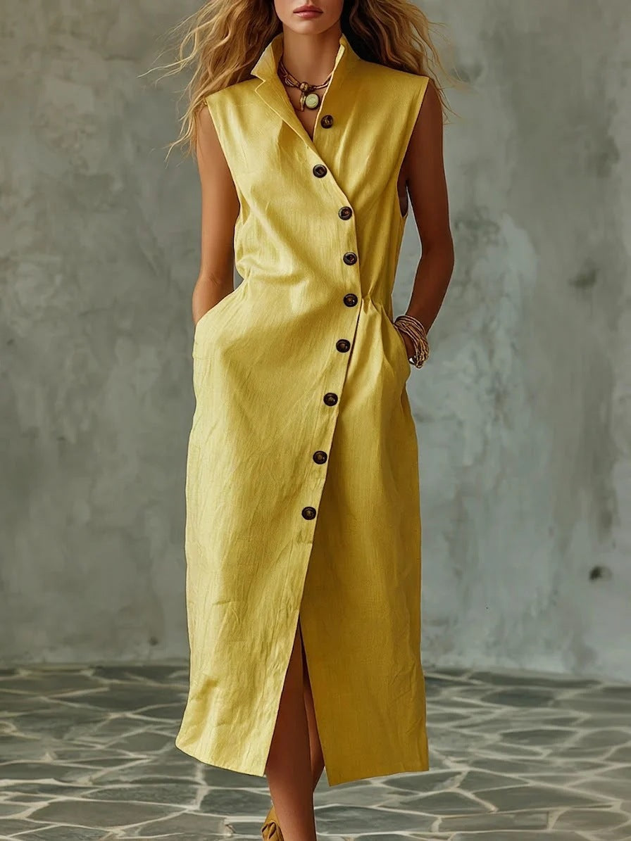 Women's Slim-Fit Sleeveless Stand Collar Pleated Midi Dress FitiqueFit