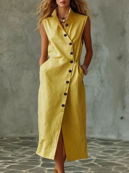 Women's Slim-Fit Sleeveless Stand Collar Pleated Midi Dress FitiqueFit