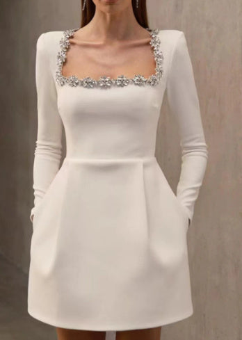 Elegant Square Neck Long-Sleeved Dress With Flowers Rhinestone Design FitiqueFit