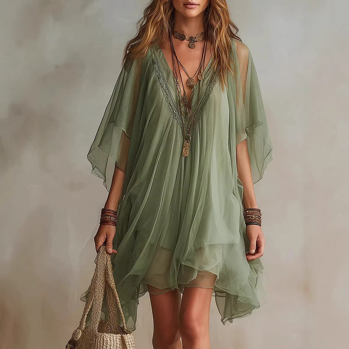 Women's V-Neck Chiffon Batwing Sleeve Boho Resort Dress FitiqueFit