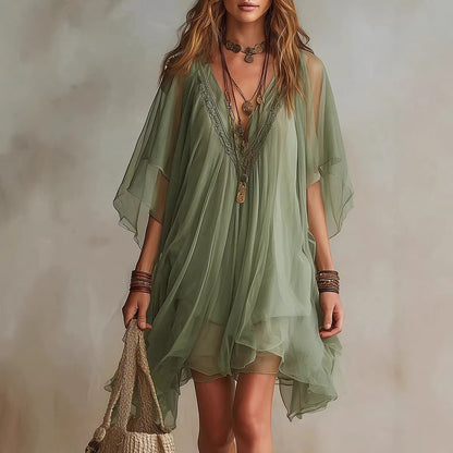 Women's V-Neck Chiffon Batwing Sleeve Boho Resort Dress FitiqueFit