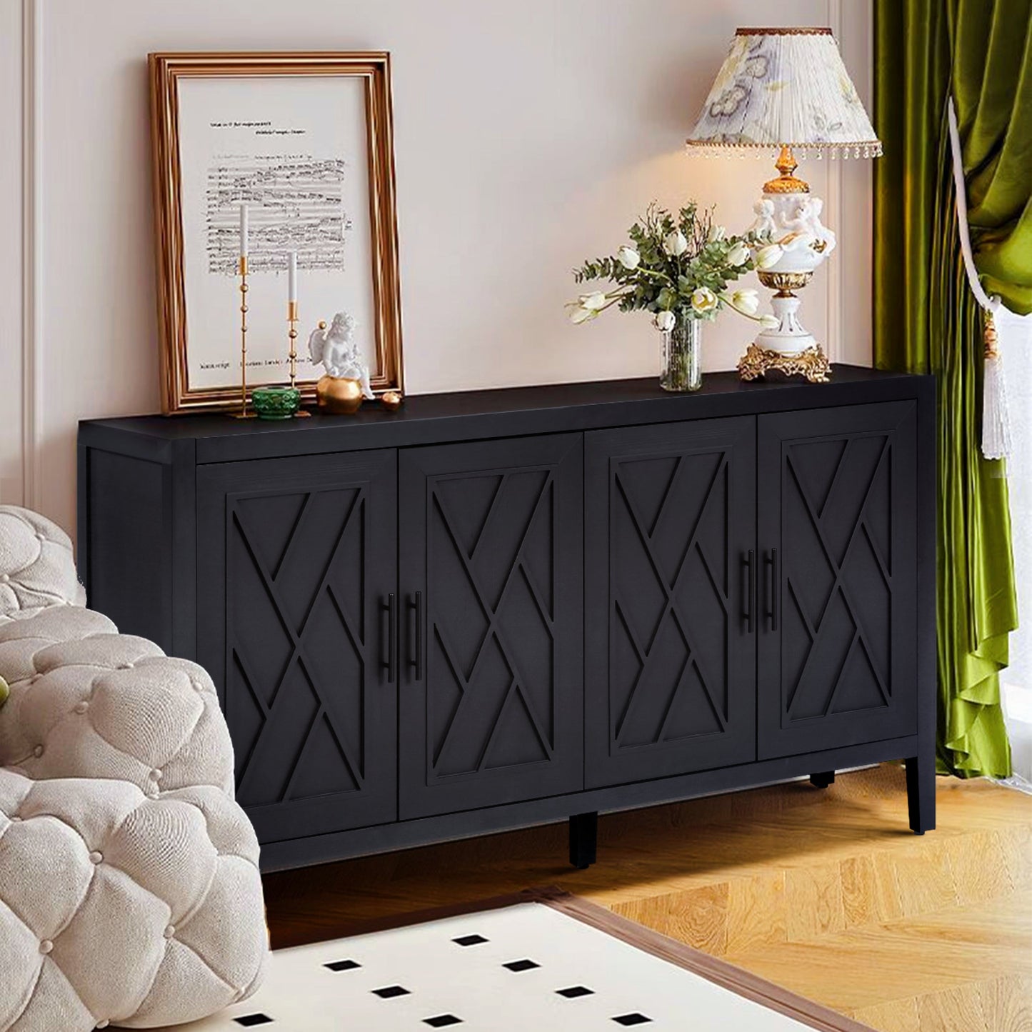 4 Door Wooden Twill Sideboard American Country Vintage Old Living Room Dining Room Hallway Entryway Cabinet (BLACK) V.I.P Digital Presence