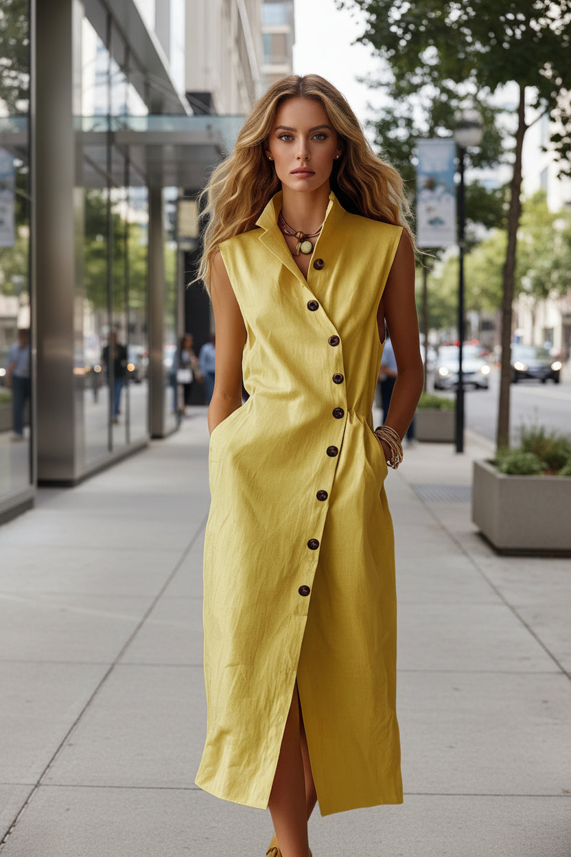 Women's Slim-Fit Sleeveless Stand Collar Pleated Midi Dress FitiqueFit