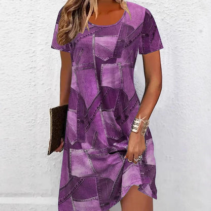 Women's Plus Size Digital Print Denim-Look Short Sleeve Dress FitiqueFit