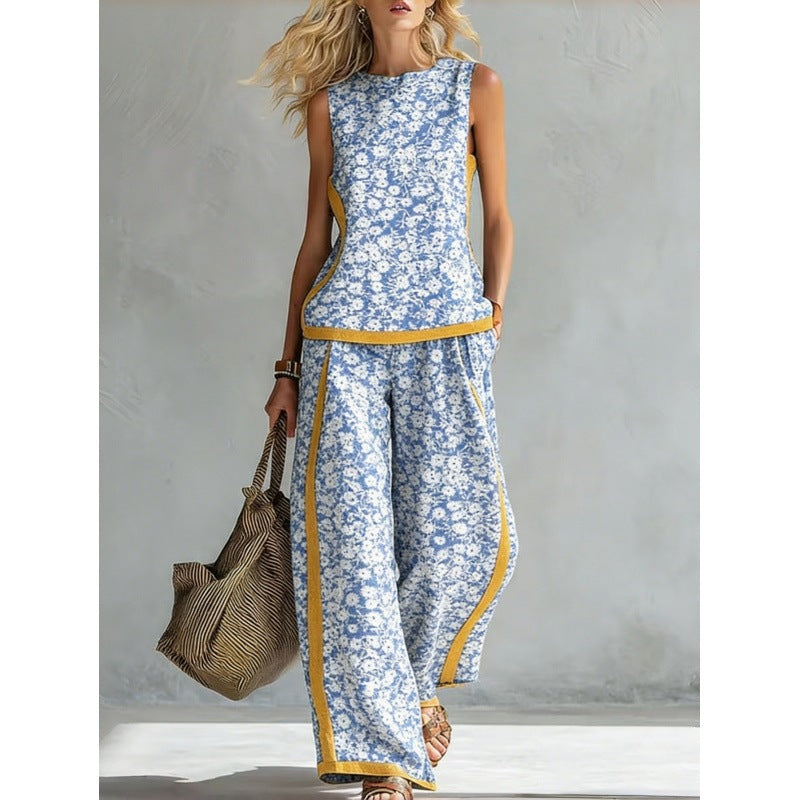 Printed Retro Sleeveless Top & Wide-Leg Pants Set | 12 Prints S–5XL FitiqueFit