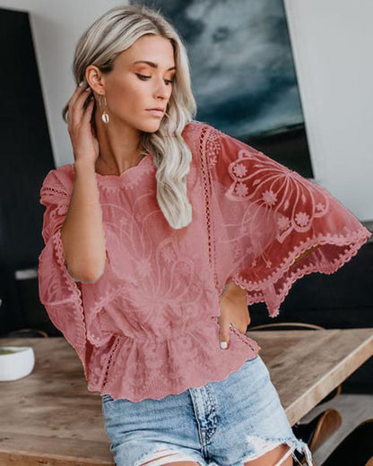 Women’s Lace Trim Top Short Sleeve Batwing Shirt FitiqueFit
