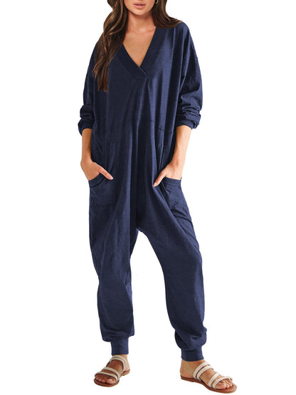 Women’s V-Neck Long Sleeve Solid Color Loose Jumpsuit With Two Side Pockets FitiqueFit