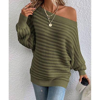 Off-Shoulder Batwing Sweater – Loose Knit Pull-Over for Fall FitiqueFit