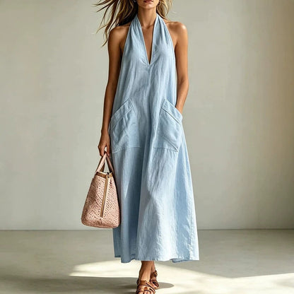 Cotton Halterneck Sleeveless Deep V-Neck Loose Straight-Line Dress FitiqueFit