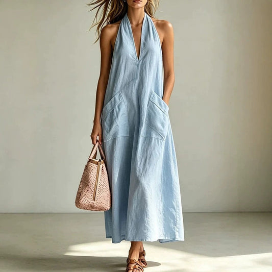 Cotton Halterneck Sleeveless Deep V-Neck Loose Straight-Line Dress FitiqueFit