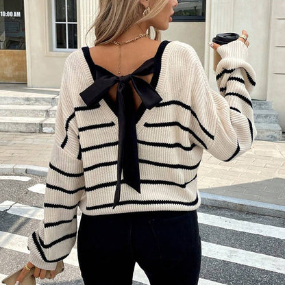 Women’s Striped V-Neck Sweater with Back Bow FitiqueFit