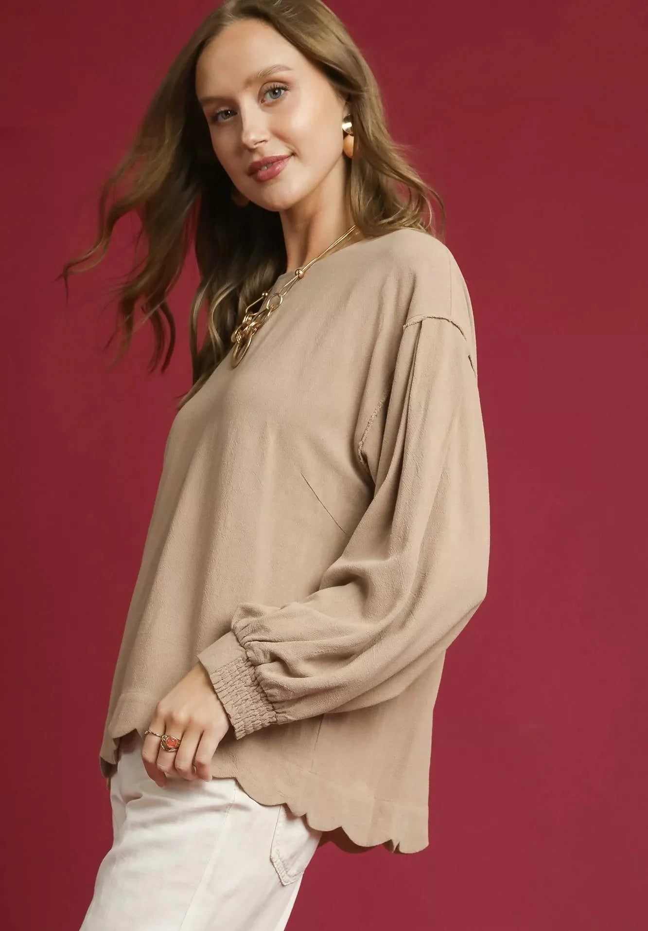 Umgee Linen Scallop Hem Long Sleeve Blouse | Fitiquefit FitiqueFit