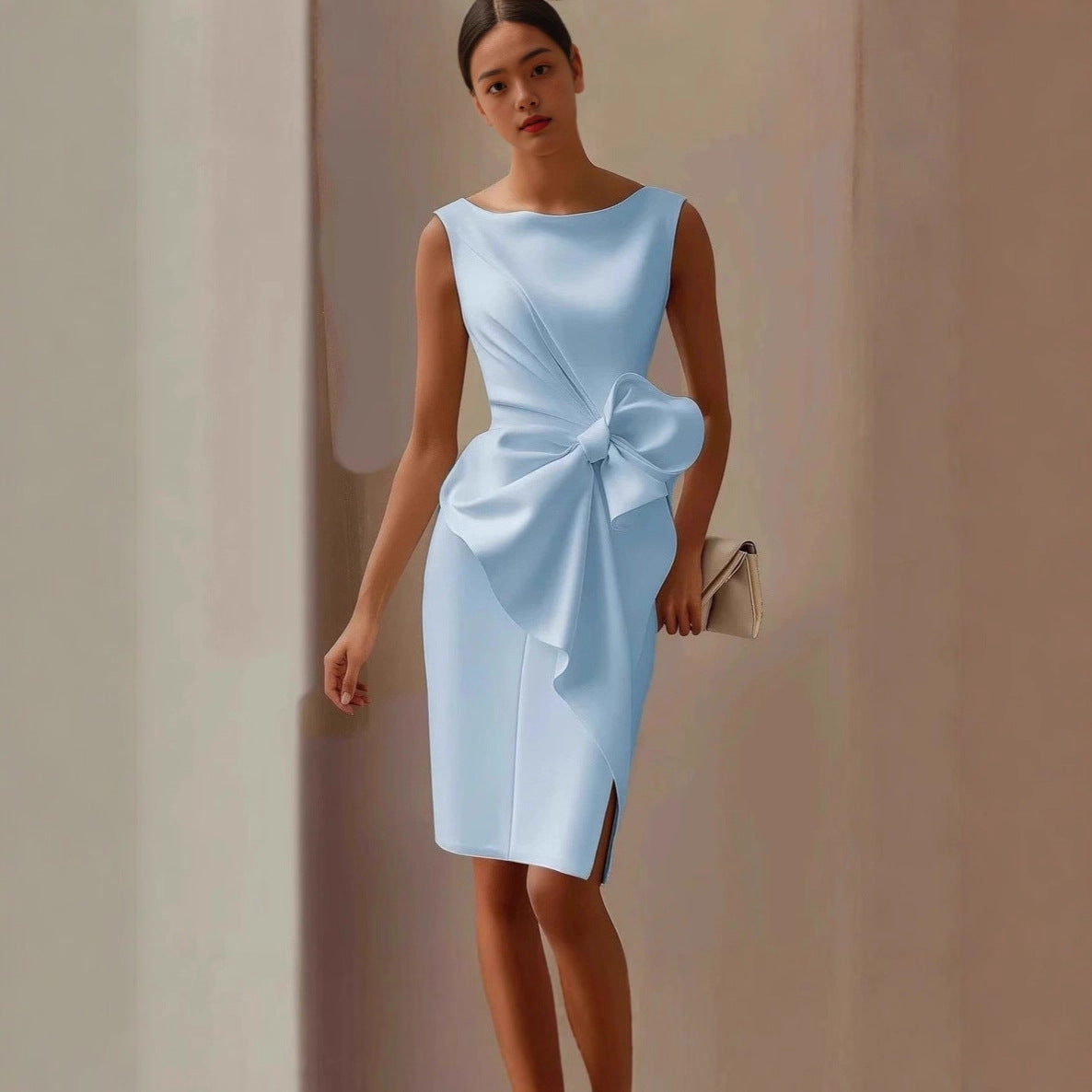 Women's Bow-Knot Sleeveless Midi Dress – High Waist A-Line FitiqueFit