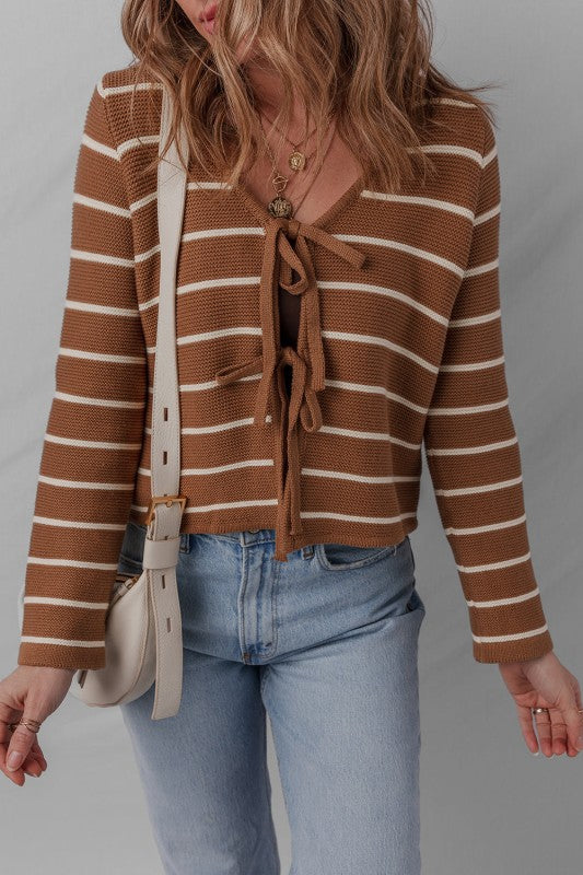 Stripe Tie-Front V-Neck Cardigan Sweater Shop Style & More | Fresh Looks, Everyday Deals & Free Shipping