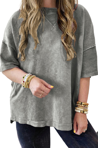 Light Grey Mineral Wash Drop Sleeve Patchwork Plus Size Tee Garden Naked Curves