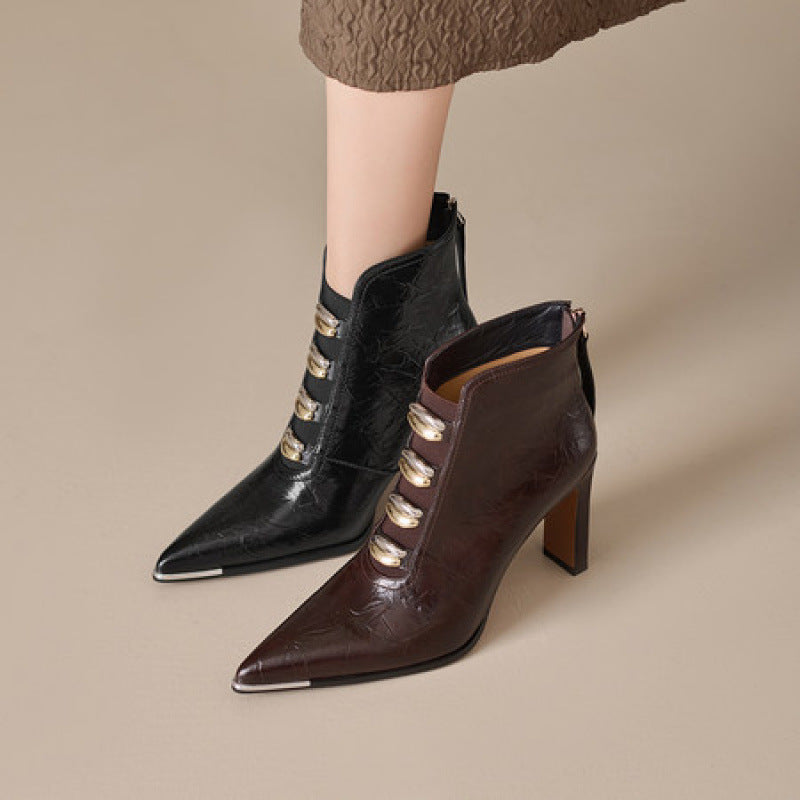 Women's Satin Pointed Toe Chunky Heel Short Boots – Ultra High Heel FitiqueFit