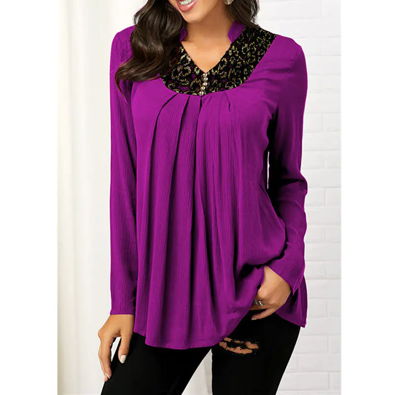 Printed V-neck Long Sleeve Lace Top.