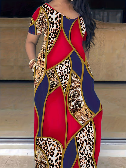 Plus Size Maxi Dress with Pocket, Women's Plus Tie Dye Print Short Sleeve Elegant Medium Stretch Long Dress NovaCart