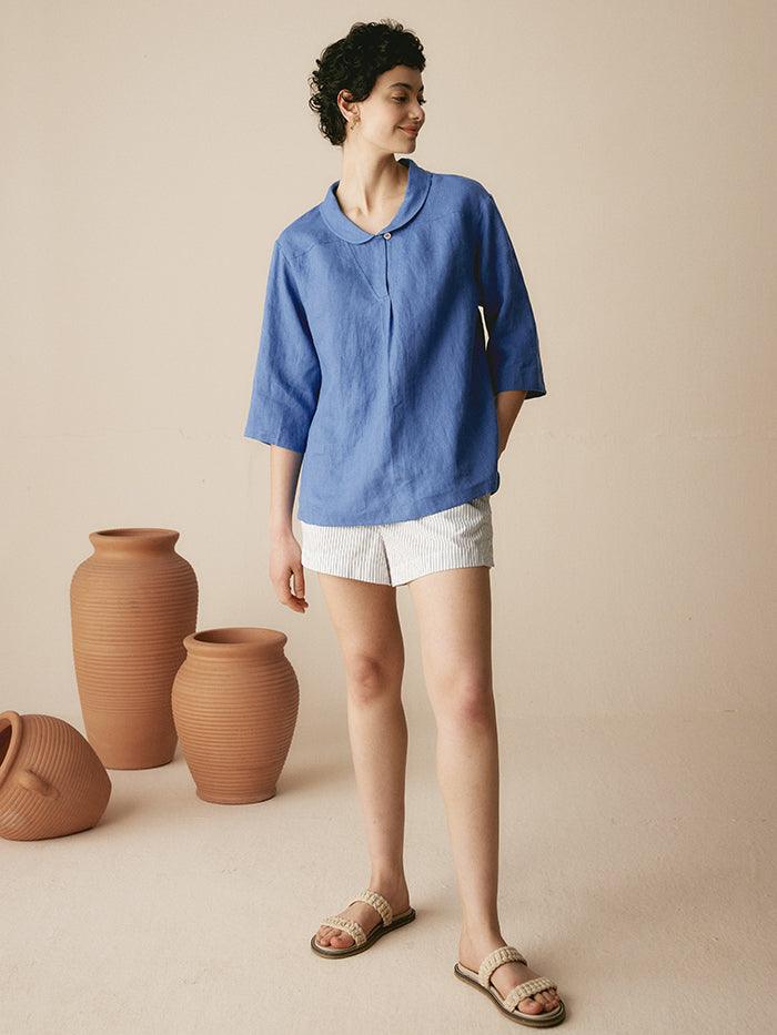 100% Linen Shawl V-Neck Half Sleeve Top JADE LINTICO