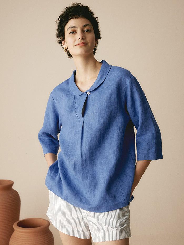 100% Linen Shawl V-Neck Half Sleeve Top JADE LINTICO