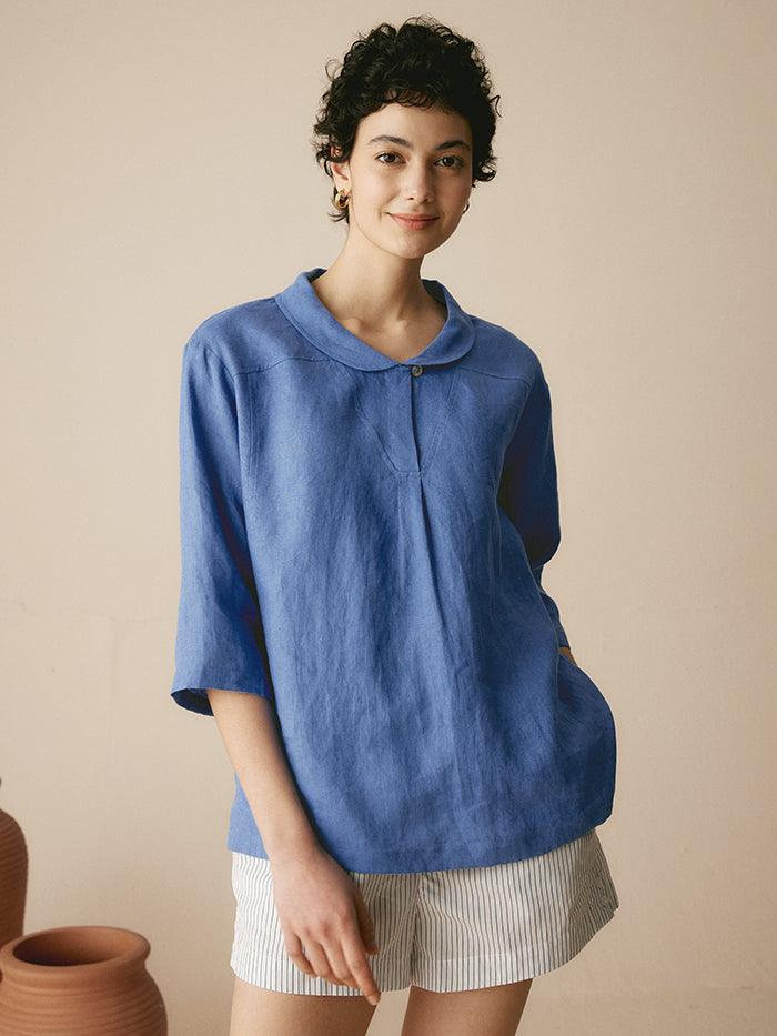 100% Linen Shawl V-Neck Half Sleeve Top JADE LINTICO