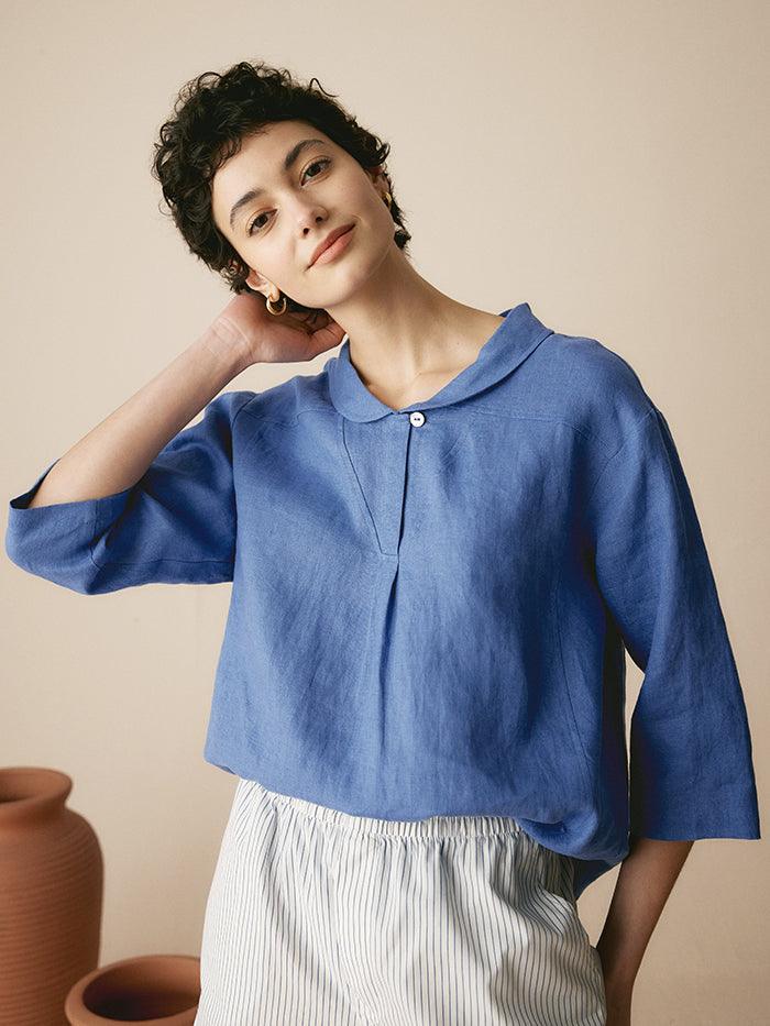 100% Linen Stripe Shawl V-Neck Half Sleeve Top JADE LINTICO