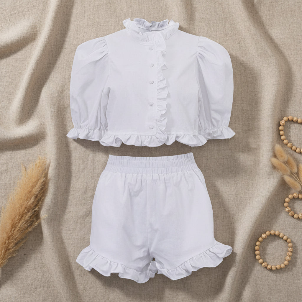 Women's Ruffled Linen-Blend Cropped Blouse & Shorts Set FitiqueFit