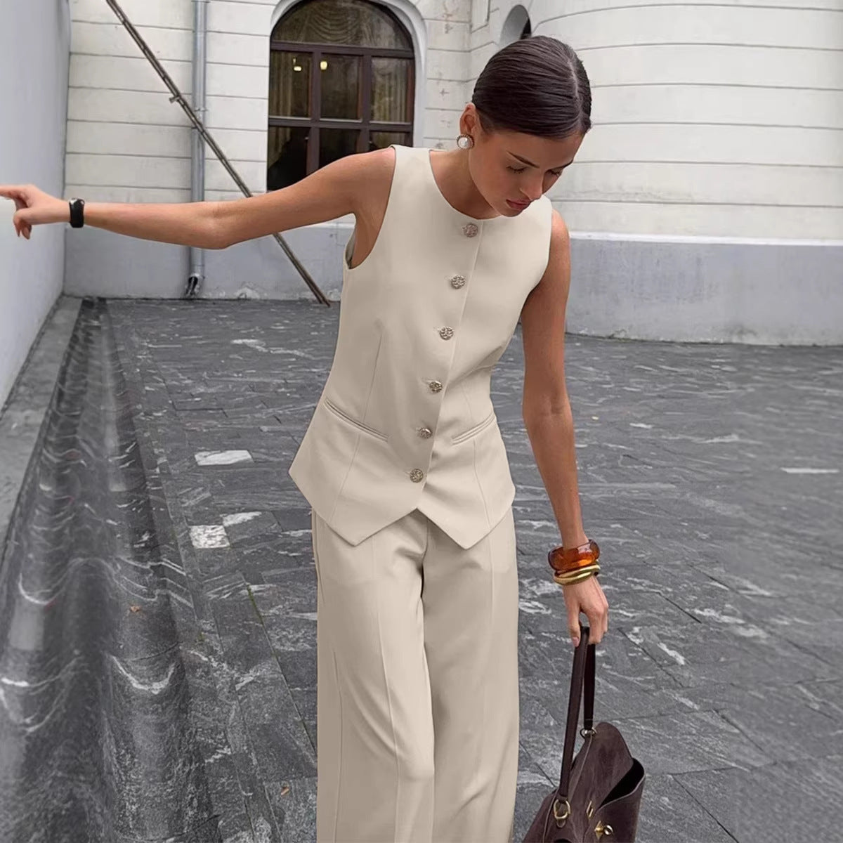 Women's Elegant Sleeveless Vest & Wide-Leg Pants Set – Office 2-Piece FitiqueFit