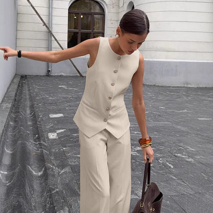Women's Elegant Sleeveless Vest & Wide-Leg Pants Set – Office 2-Piece FitiqueFit