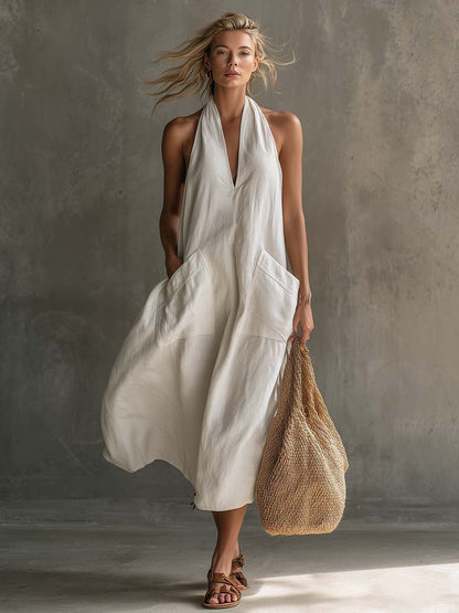 Women's Retro V-Neck Slip Dress – Loose Fit Sleeveless FitiqueFit