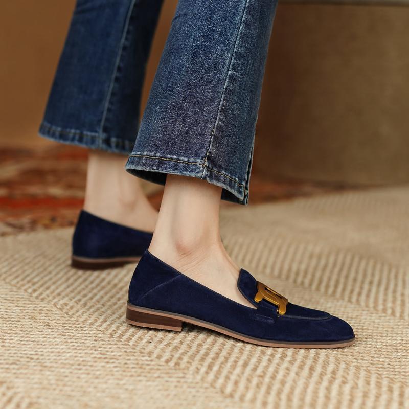 Women's Retro Metal Buckle Suede Loafers – Platform Chunky Heel Slip-On FitiqueFit
